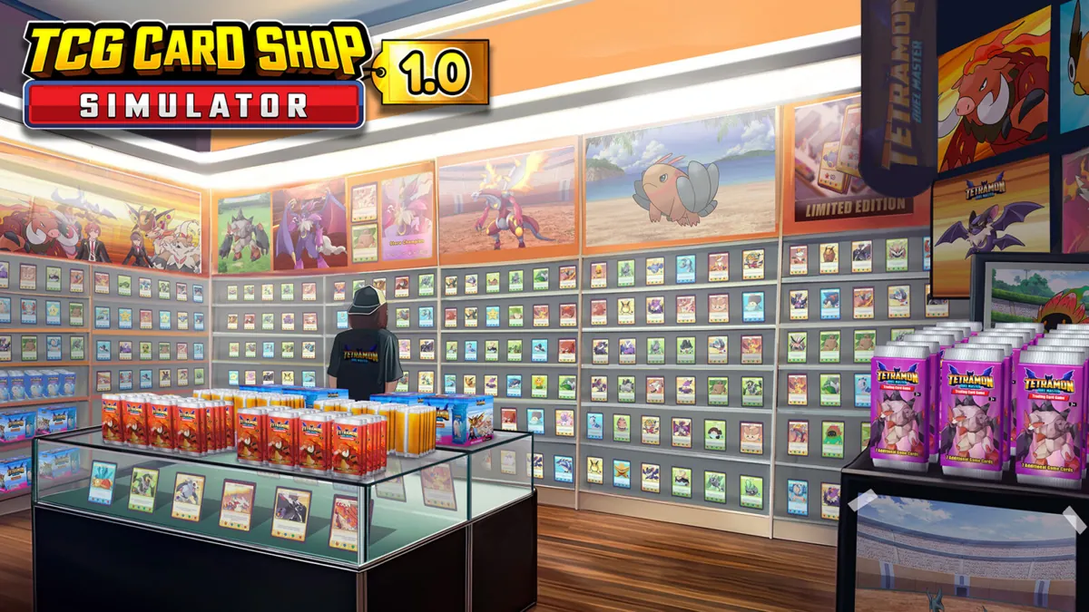 Official TCG Card Shop Simulator 1.0 artwork showing a stocked card shop